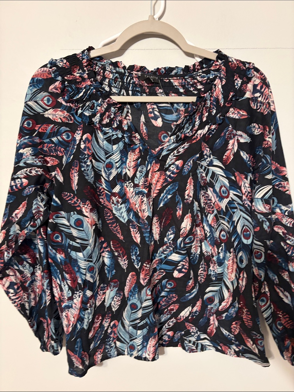 Talbots black Peasant/boho Blouse with Blue and Pink Print.100% Cotton. MP.